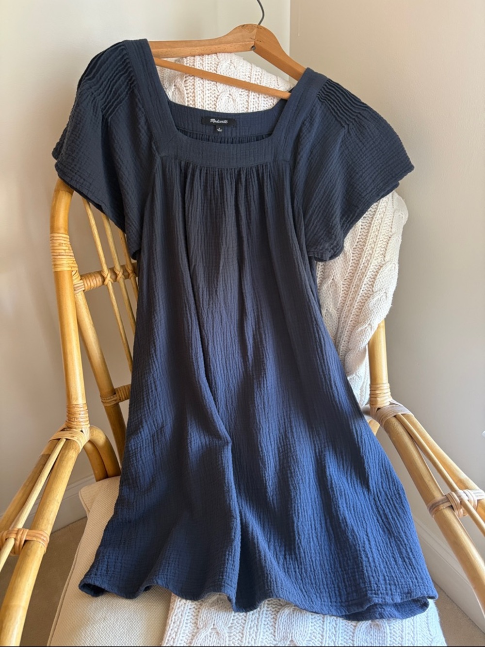 Madewell Marine  Blue Short Sleeve Square Neck Tunic Dress w/ side pockets